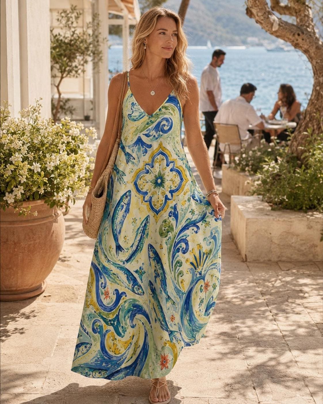 Mediterranean Sardine Maxi Dress, Italian Tile Print, Coastal Vacation Sundress - image 1