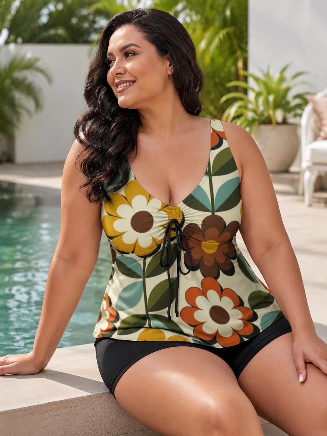 Plus Size Retro Floral Tankini With Shorts, 70s Modest Swimwear Beach Vacation Outfit - image 4