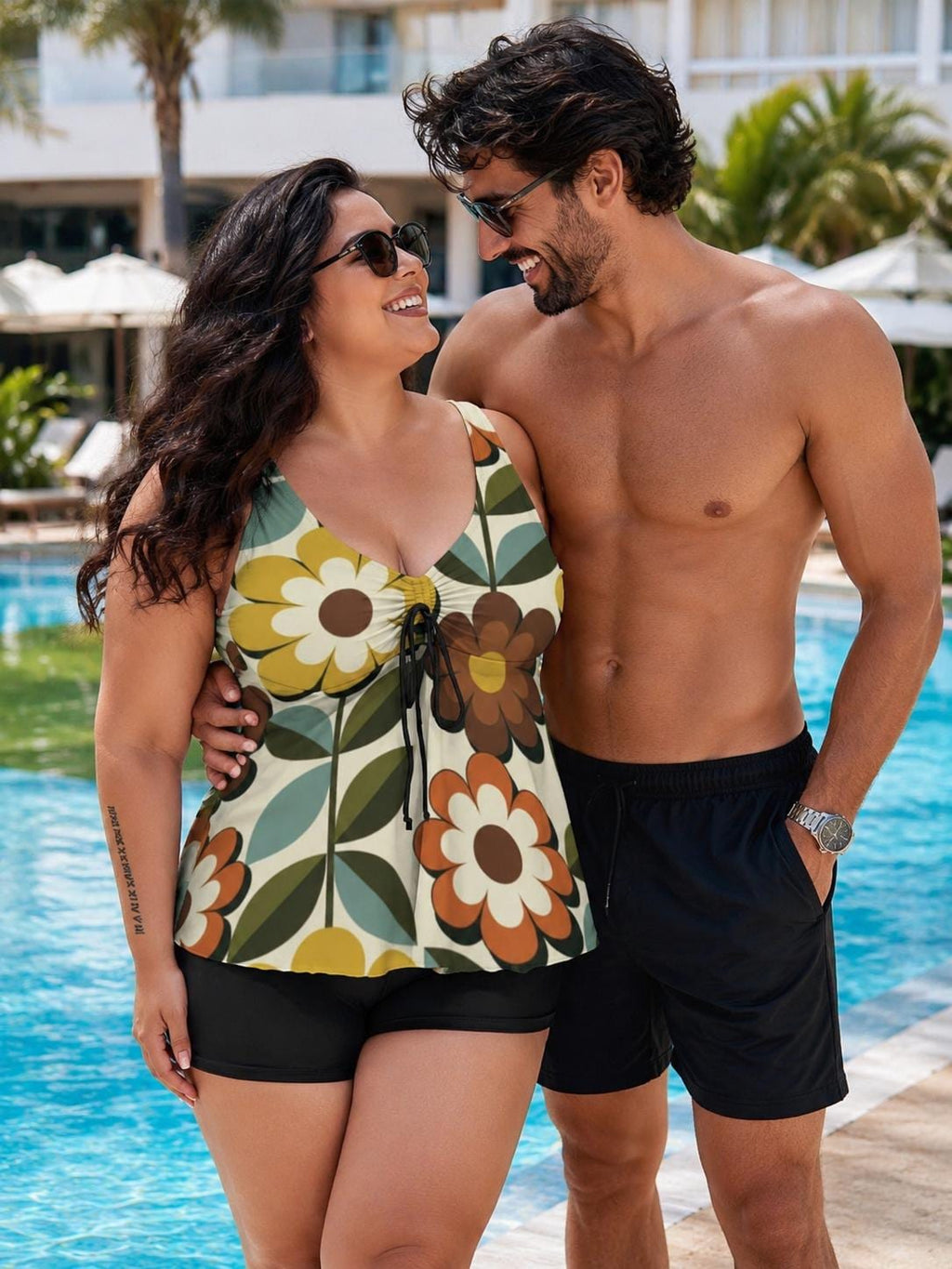 Plus Size Retro Floral Tankini With Shorts, 70s Modest Swimwear Beach Vacation Outfit - image 3