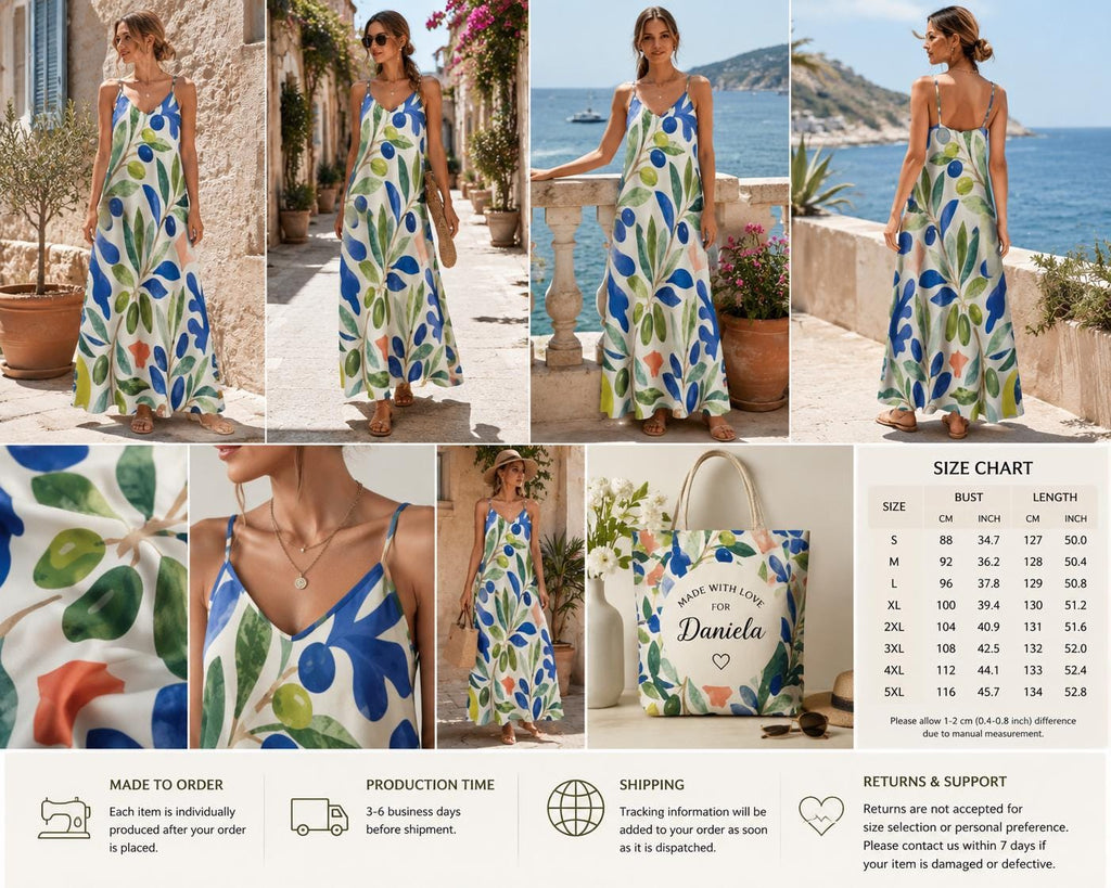 Mediterranean Maxi Dress, Abstract Botanical Print, Flowy V-Neck Resort Sundress - image 8