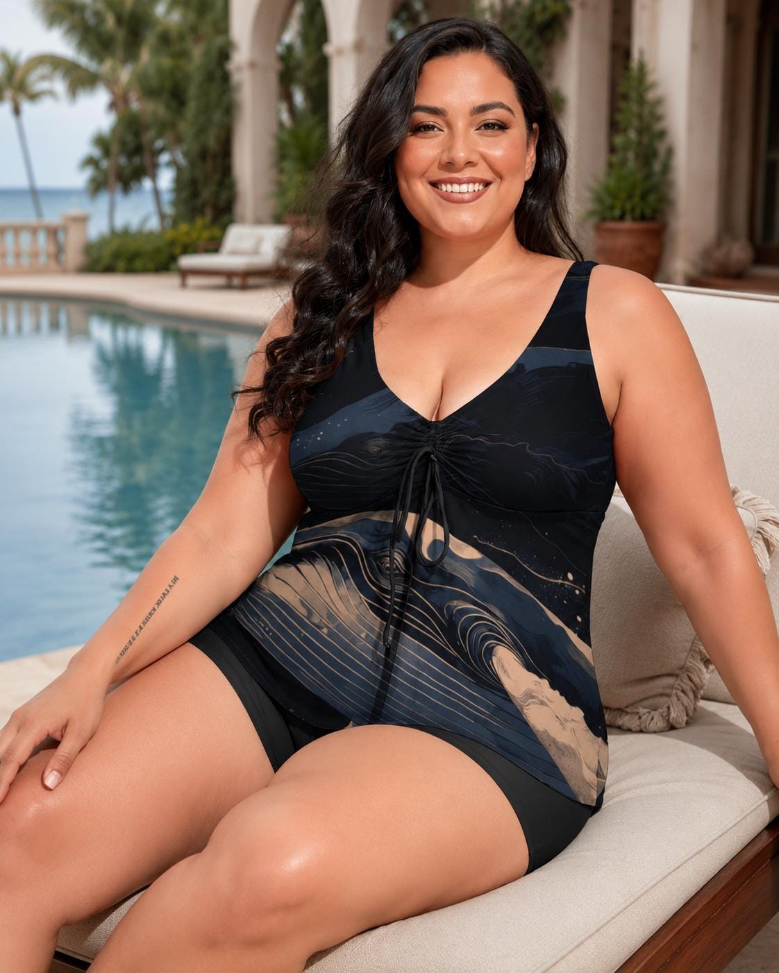 Plus Size Tankini Swimsuit, Black Marble Abstract Print Two-Piece Set - image 5