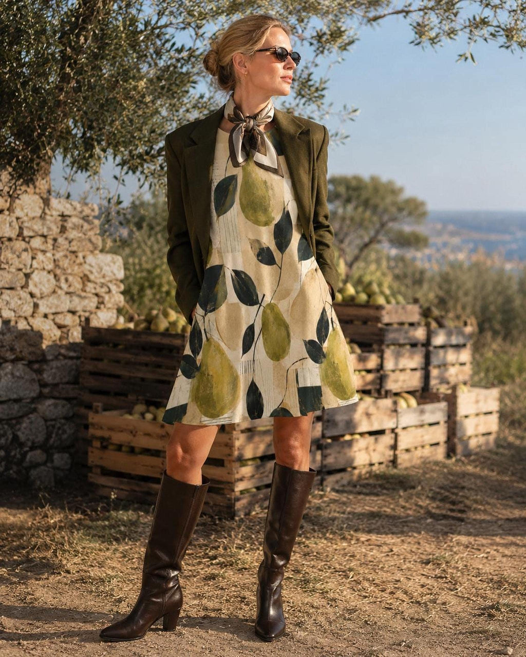 Pear Print Mini Dress with Pockets, Olive Green A-Line Summer - image 8