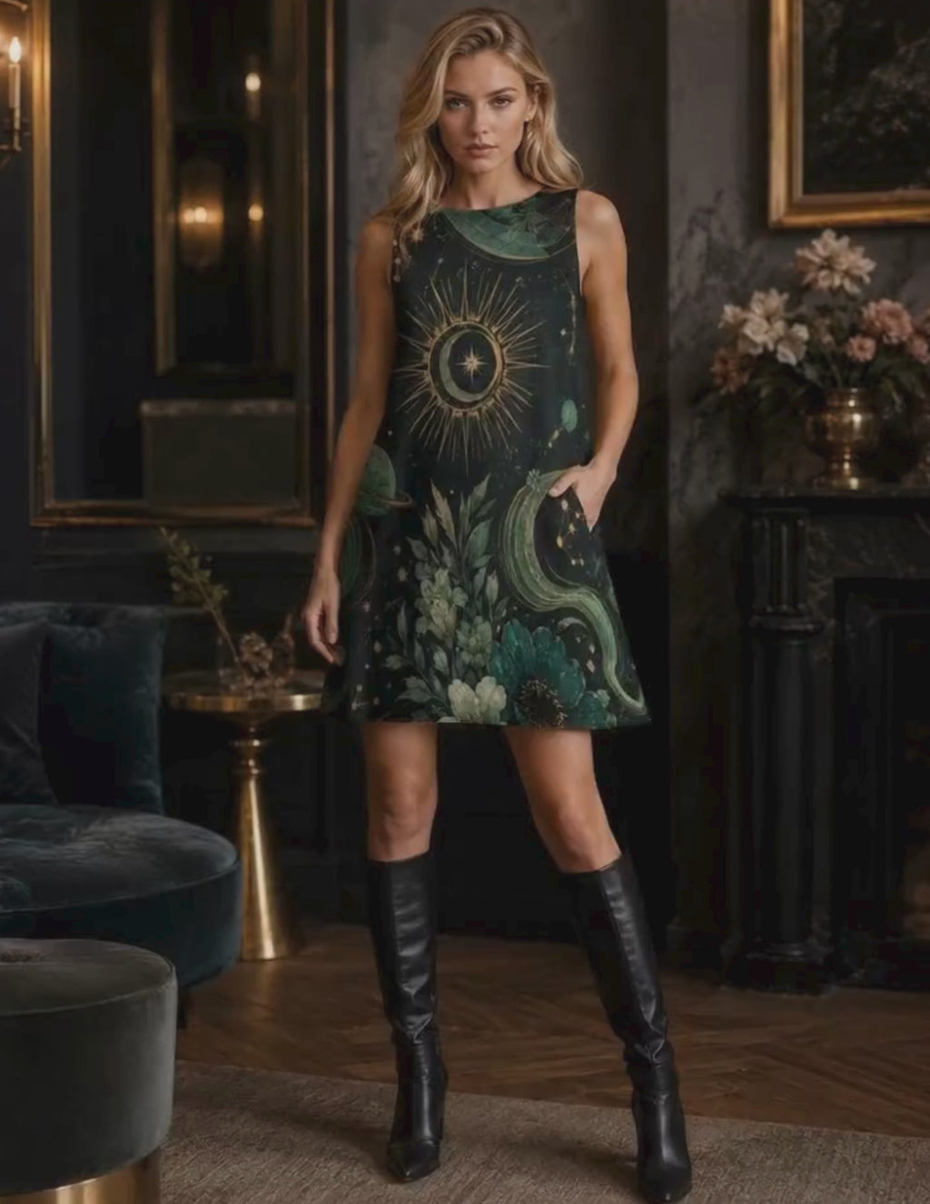 Celestial Moon Dress, Dark Floral A-Line Mini, 60s Retro Tarot Style