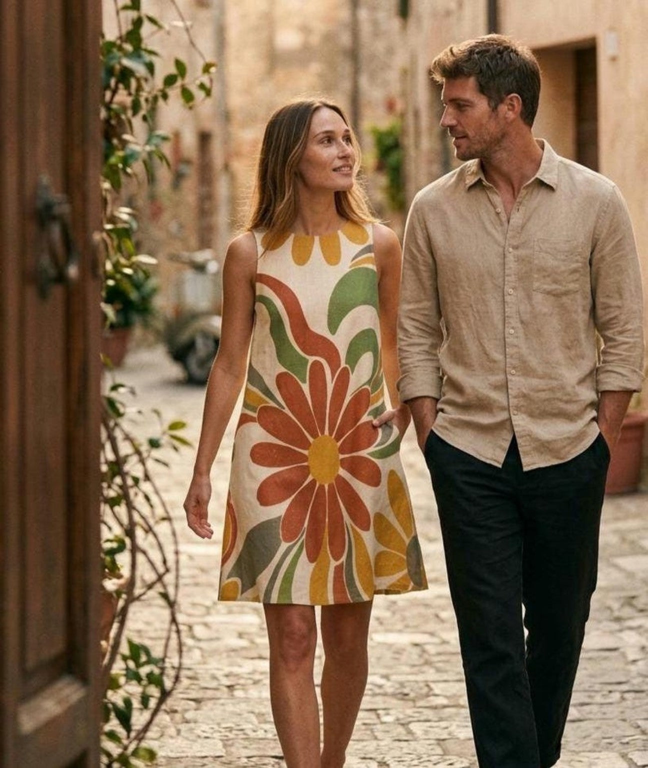 Sunflower floral A-line pocket dress worn during a Mediterranean couple walk